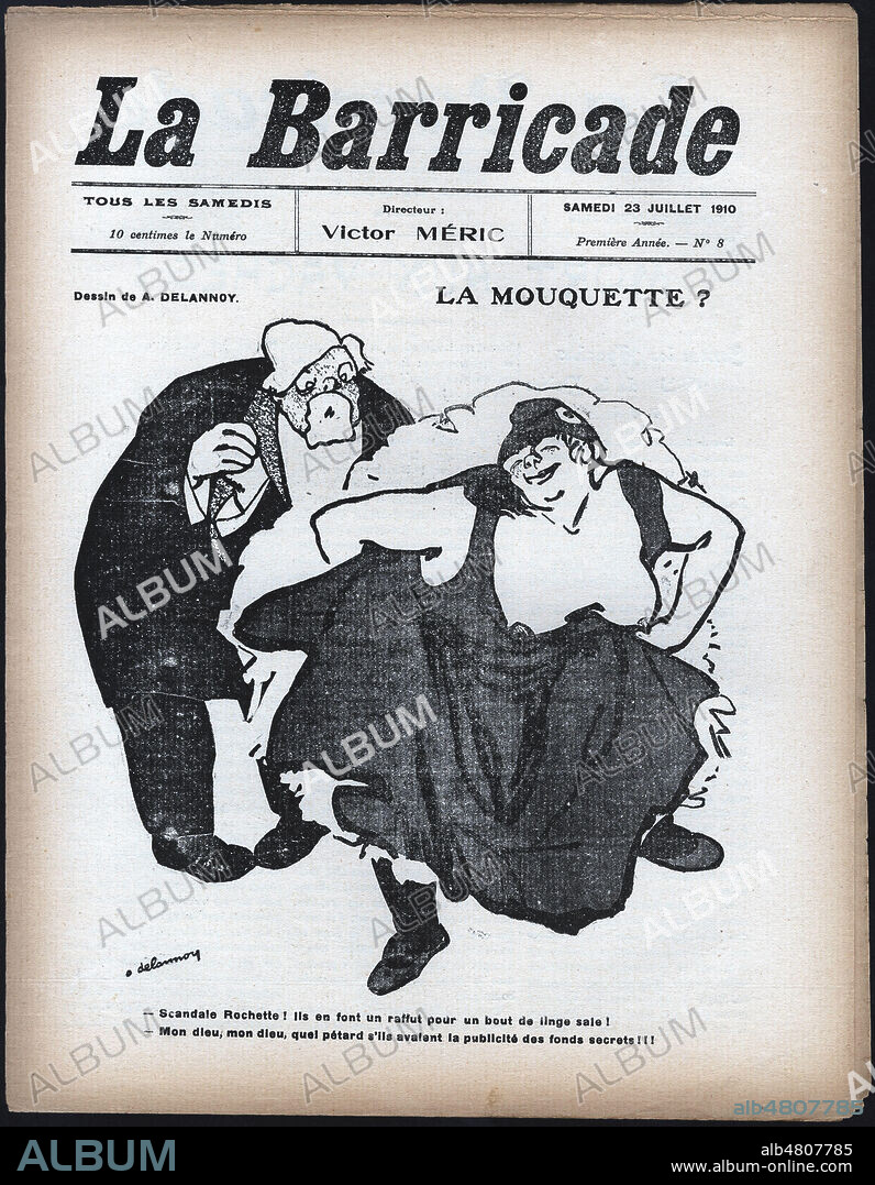 La mouquette ? Scandale Rochette. Ils en font un raffut pour un bout de linge sale (Scandale financier decouvert en 1908, Jean JAURES preside la commission parlementaire nommée en juillet 1910 pour enquêter sur cette affaire). Caricature par Aristide DELANNOY (1874-1911) pour La Barricade du 23 juillet 1910. Credit : Collection Grob/Kharbine-Tapabor.