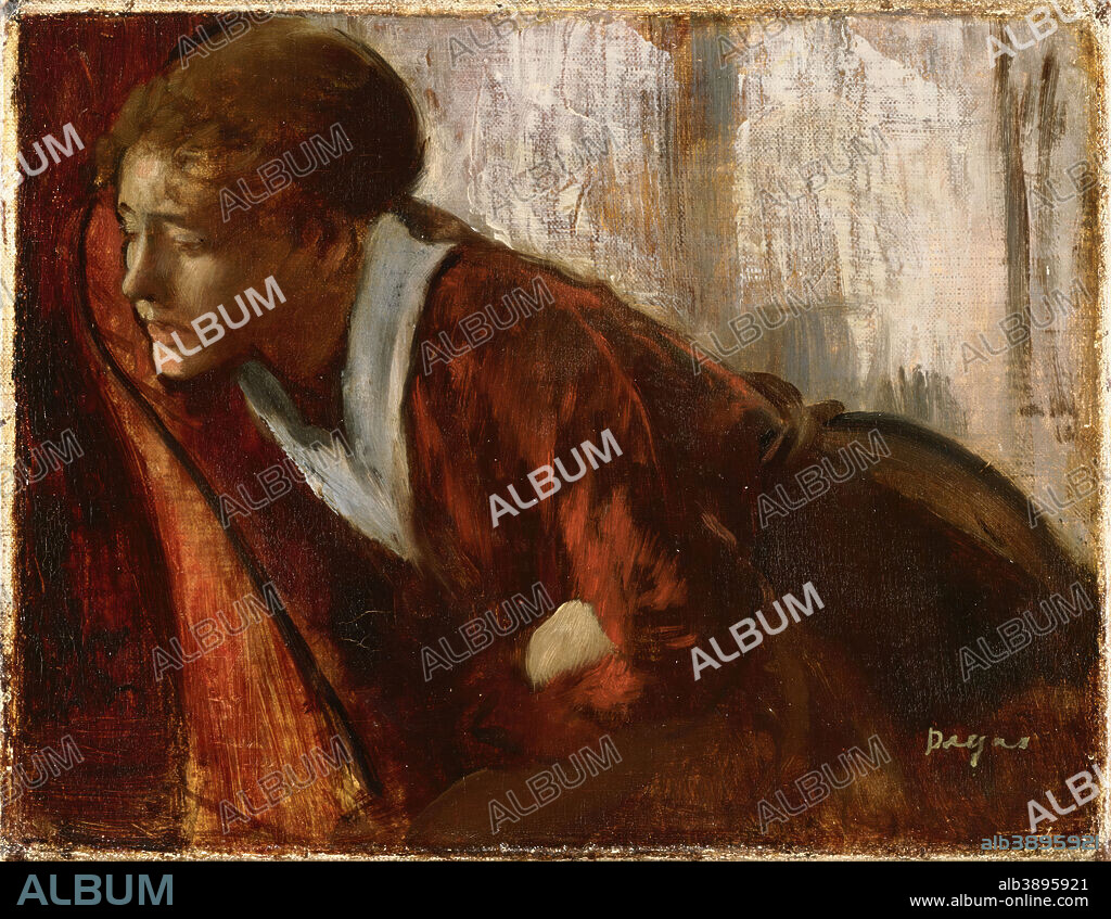 EDGAR DEGAS. Melancholy. Date/Period: Late 1860's. Painting. Oil on canvas. Height: 7.50 mm (0.29 in); Width: 9.75 mm (0.38 in).