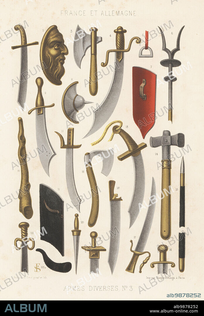 Military weapons, France and Germany, 15th century. Scimitar, stirrup, battle axe, battle hammer, dagger, poignard, sabre, buckler, shield, club, etc. Armes diverses, No. 3, France et Allemagne, XVe siecle. Chromolithograph by Ferdinand Sere from Charles Louandres Les Arts Somptuaires, The Sumptuary Arts, Hangard-Mauge, Paris, 1858.