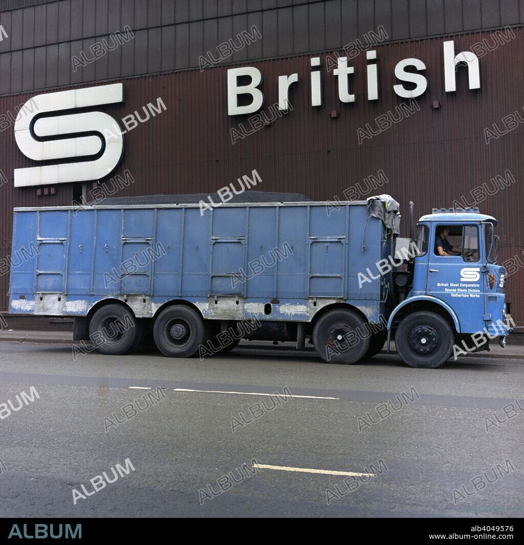 British Steel lorry at a Sheffield foundry, South Yorkshire, 1972. GUY Big J Lorry regostration no JWY 383K was in the service of British Steel's Special Steels division in Rotherham. The British Steel logo can be seen on the building behind the lorry.