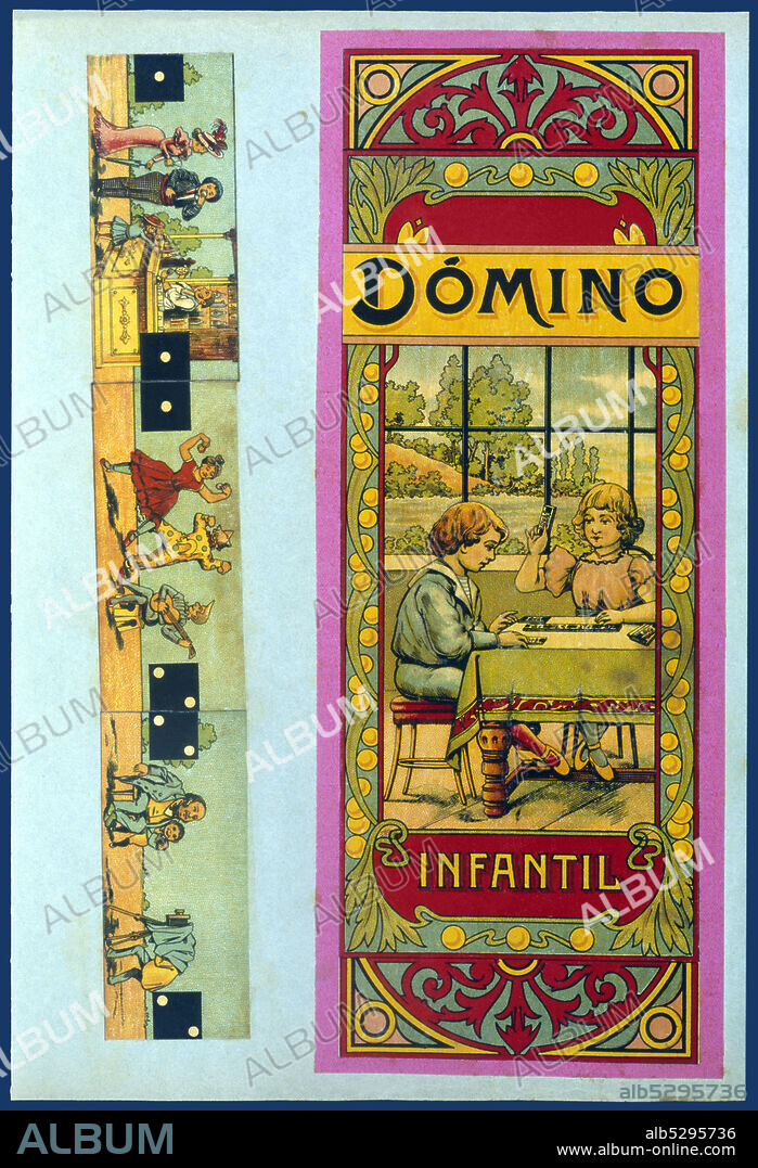 Juguetes de cartón y madera. Caja del juego Dominó Infantil, fabricado por Juguetes Borrás, de Mataró. Año 1918.