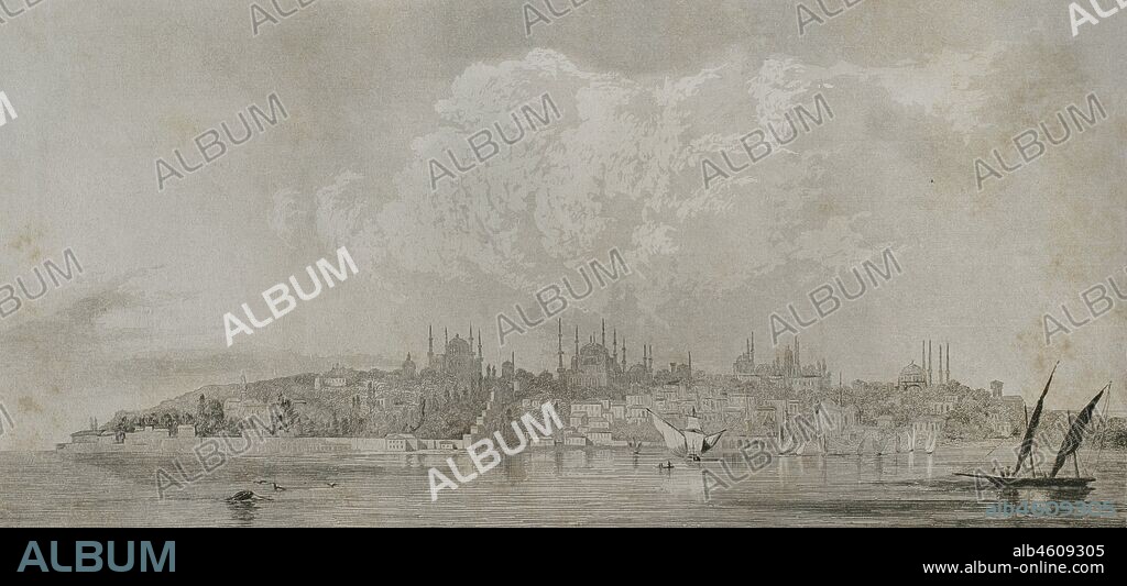 Imperio Otomano. Turquía. Constantinopla (actual Estambul). Vista general de la zona del Serrallo. Grabado por Lemaitre. Historia de Turquía, por Joseph Marie Jouannin (1783-1844) y Jules Van Gaver. Panorama Universal, edición española de 1840.