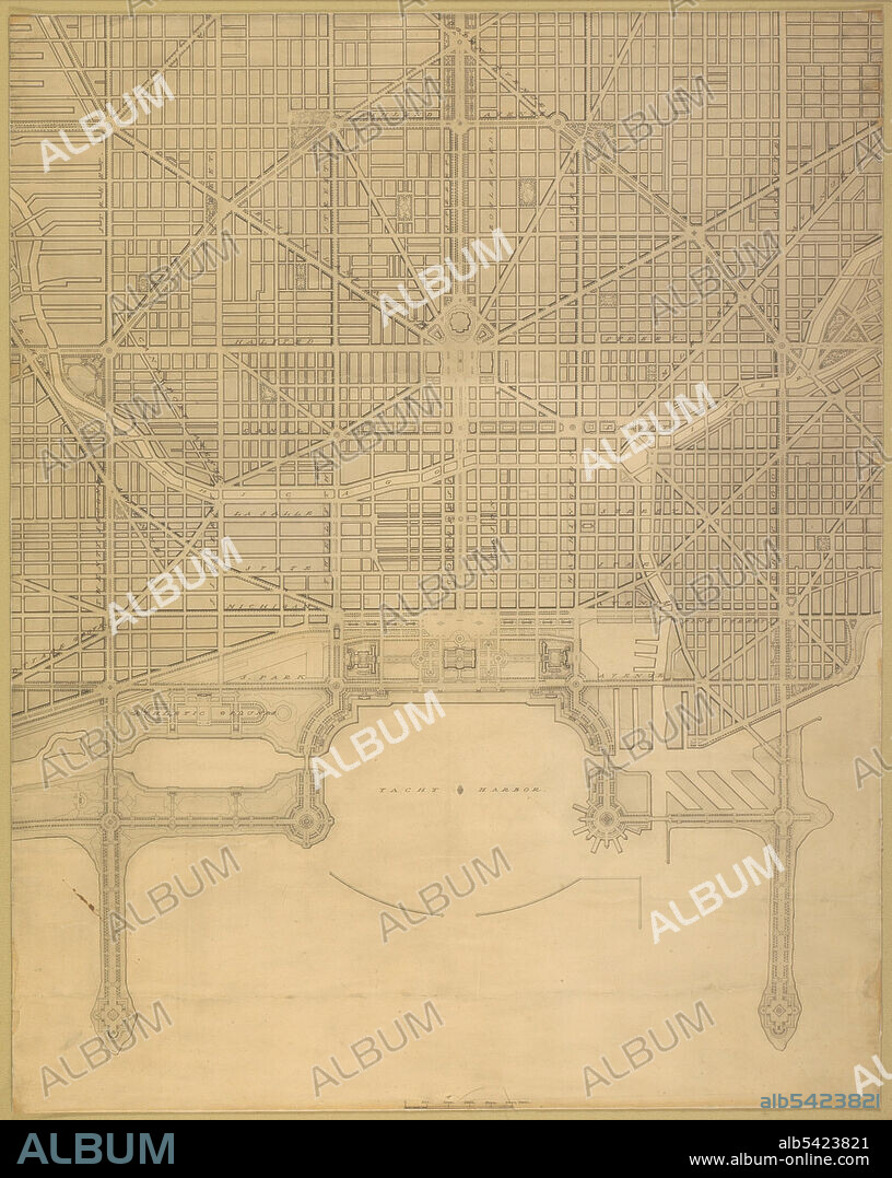 DANIEL BURNHAM. Plate 110 from The Plan of Chicago, 1909: Chicago. Plan of the Complete System of Street Circulation; Railway Stations; Parks, Boulevard Circuits and Radial Arteries; Public Recreation Piers, Yacht Harbor, and Pleasure-Boat Piers; Treatment of Grant Park; the Main Axis and the Civic Center, Presenting the City as a Complete Organism in which All its Functions are Related One to Another in such a Manner that it will Become a Unit, 1909.
