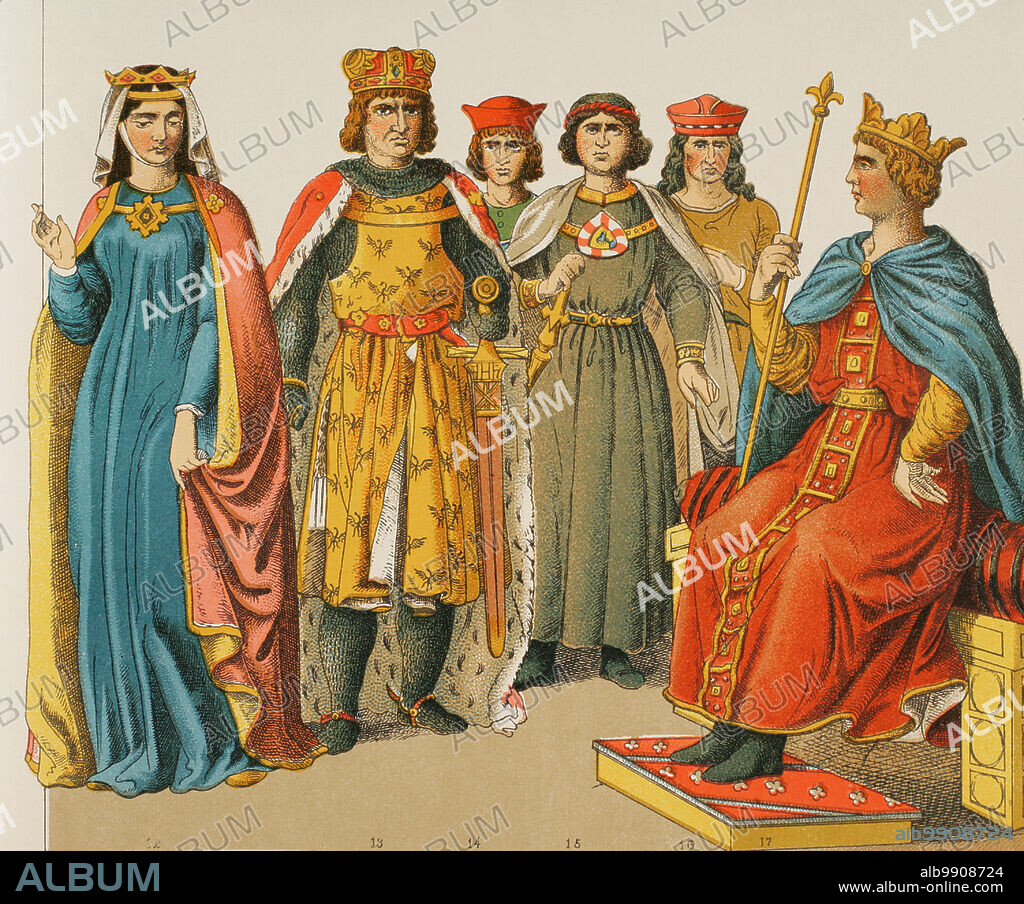 Historia de Alemania. 1200. De izquierda a derecha, 12: emperatriz Ana (Constanza o Anna de Hohenstaufen, 1230-1307, hija de Federico II), 13: Archiduque Enrique de Breslavia (Enrique IV de Breslavia, h. 1258-1290), 14-15-16: condes, 17: Emperador Federico II (Emperador del Sacro Imperio Romano Germánico, Federico II de Hohenstaufen, 1194-1250). Cromolitografía. "Historia Universal", por César Cantú. Tomo X, 1881.
