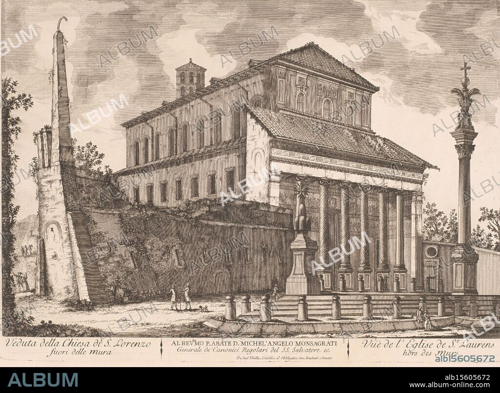 View of St. Laurence outside the Walls in Rome, Veduta della Chiesa di S. Lorenzo, Al revmo P. Abate d. Michel'angelo Monsagrati, Vuë de l'Eglise de St. Laurens (title on object), print, print maker: Jean Barbault, (attributed to), publisher: J. Bouchard & J.J. Gravier, (mentioned on object), print maker: France, publisher: Rome, 1761, paper, etching, height, 391 mm × width, 543 mm.