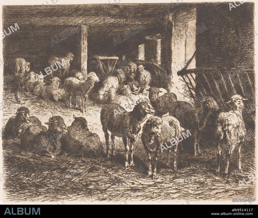 Sheep in a stable, Albert Heinrich Brendel, 1887, print maker: Albert Heinrich Brendel, publisher: Weimarer Radierverein, Weimar, 1887, paper, etching, h 231 mm × w 277 mm.