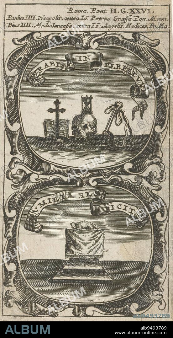 Symbols of faith, death and suffering / Sacrificial table with lamb, Durabis in Perpetuum / Humilia Respicit (title on object), Symbola Divina et Humana Pontificum Imperatorum Regum (series title), An emblem with two representations. Above various symbols of faith, death and suffering: a cross, Bible, skull, hourglass and scourge. Below a sacrificial table with a lamb. These are mottoes of Pope Paul IV and Pius IV., print maker: anonymous, after print by: Aegidius Sadeler (II), 1666, paper, engraving, letterpress printing, height 122 mm × width 66 mm.
