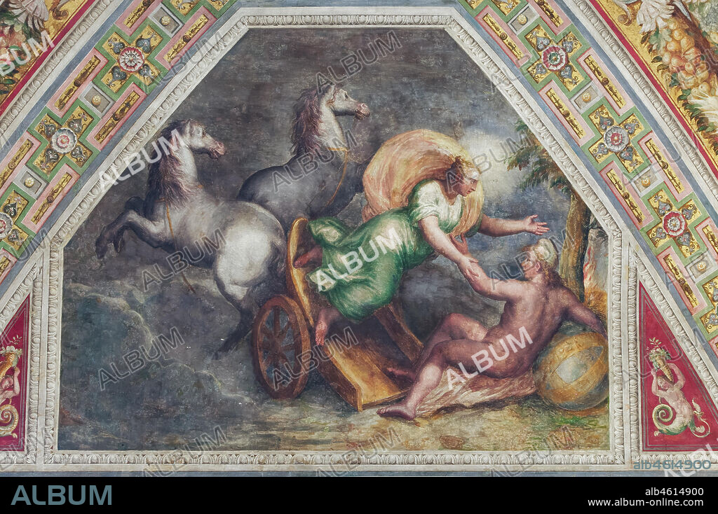 Ferrara, the Castello Estense (the Estense Castle), also known as Castle of St. Michael: detail of the ceiling of the Chamber of Dawn: "Night", by Bastianino. The Chamber, former Ercole II's private room, was known in 1600 as the mirror chamber. It gives the name to the whole representation apartment that Alfonso II wanted. The vault scenes are thought to be the allegory of human life.