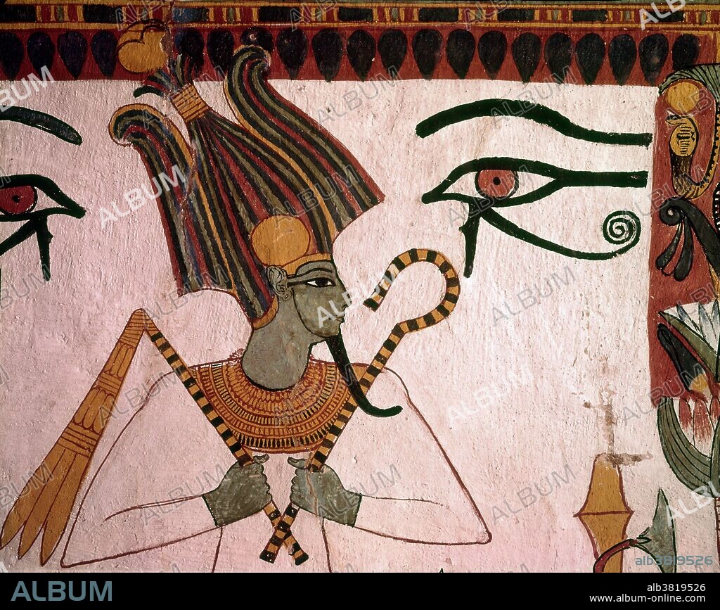 A mural of the god Osiris in the tomb of Ancient Egyptian artisan Sennedjem, Egypt.