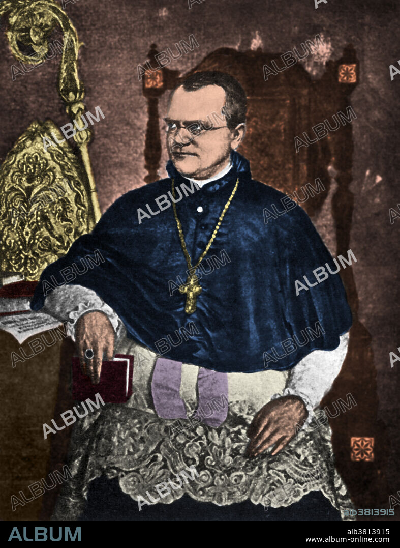 Colour enhancement of a portrait artwork of Gregor Johann Mendel (July 20, 1822 - January 6, 1884), an Austrian scientist and Augustinian friar who gained posthumous fame as the founder of the new science of genetics. Mendel conducted experiments in a monastery in the 1860's with garden peas, working out the law of heredity based on factors (genes) that decide which characteristics are passed from parent to offspring. His documented work was entitled: Experiments with Plant Hybrids. Mendel had demonstrated that the inheritance of certain traits in pea plants follows particular patterns, now referred to as the laws of Mendelian inheritance. Although the significance of Mendel's work was not recognized until the turn of the 20th century, the independent rediscovery of these laws formed the foundation of the modern science of genetics. After he was elevated as abbot in 1868, his scientific work largely ended. Mendel died in 1884, at age 61, from chronic.