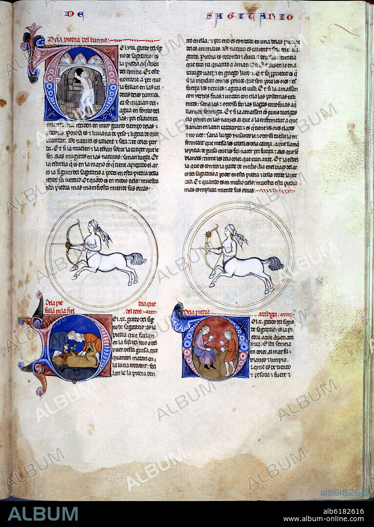 ALFONS X VON KASTILIEN DER WEISE. LAPIDARIO HI 15. FOLIO 69 R. SIGNO DEL ZODIACO SAGITARIO 1253.MANUSCRITO ALFONSI - SIGLO XIII.