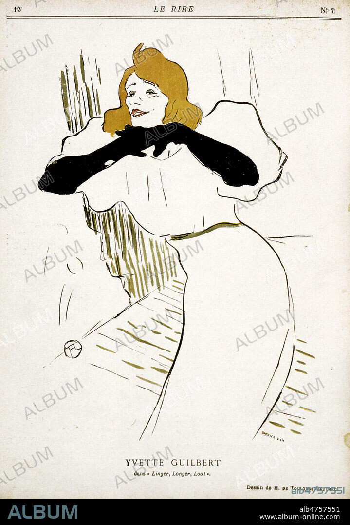 YVETTE GUILBERT sur scene. Dessin de Henri de TOULOUSE-LAUTREC pour le journal LE RIRE decembre1894. Credit Kharbine-Tapabor.