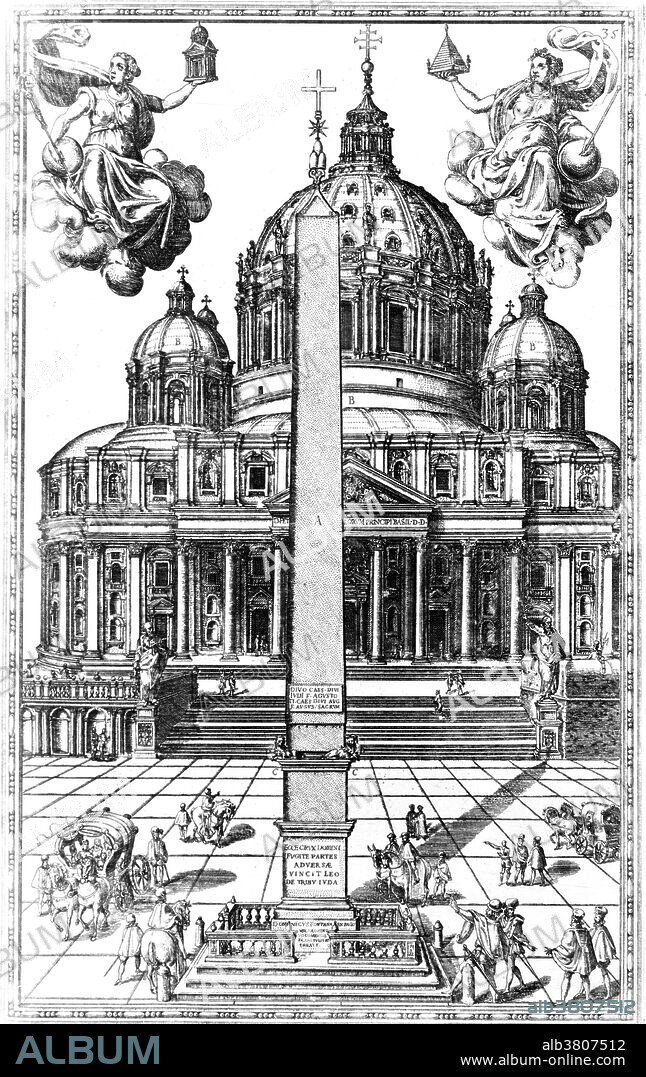 Engraving by Domenico Fontana entitled: "Obelisk erected at the Piazza of Saint Peter in Rome following its relocation from the Circus Nero. 1590." The obelisk was originally erected at Heliopolis by an unknown pharaoh of the Fifth dynasty of Egypt (2494 - 2345 BC). During its history the obelisk has been successfully moved three times. The Emperor Augustus had the obelisk moved to the Julian Forum of Alexandria, where it stood until 37 AD, when Caligula ordered the forum demolished and the obelisk transferred to Rome. He had it placed in the Circus of Nero. Throughout the Renaissance the idea of moving the obelisk to a more prominent position was often discussed, but the challenge of moving an object which weighed over 300 tons was a task that no engineer had tackled since ancient times. Pope Sixtus V launched a competition which attracted in the region of 500 entries and was won by Domenico Fontana, an architect and engineer. In 1586 the work was carried out, taking 900 men and 140 horses five months to move the obelisk a distance of little more than 330 feet. Which seemed a magical feat, but the ancient Romans, managed to transport the obelisk all the way from Egypt, a distance of over one thousand miles with no damage. Being a pagan monument, the obelisk was exorcised by the Pope before being decorated with a cross and symbols from the papal coat of arms. Illustration taken from Della Transportatione dell'Obelisco Vaticano.