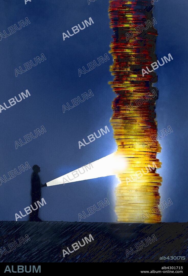 Man with flashlight finding large pile of gold coins.