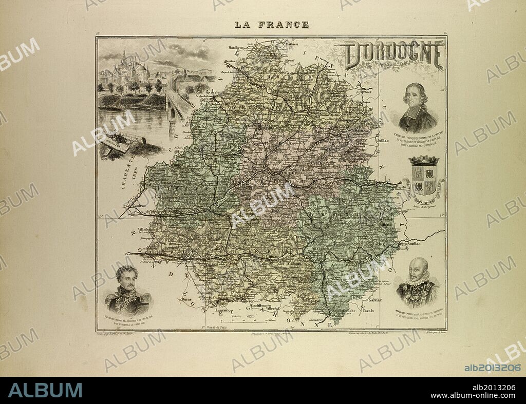 MAP OF DORDOGNE, 1896, FRANCE.