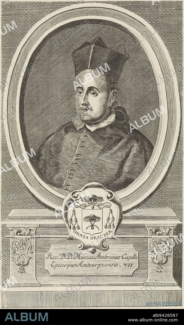 Portrait of Marius Ambrosius Capello, Jan Baptist Jongelinx, 1710 - 1725, Bust portrait of the bishop Marius Ambrosius Capello, with biretta. The portrait is framed in an oval frame with the coat of arms of the portrayed and a motto in Latin. In a frame a two-line caption in Latin., print maker: Jan Baptist Jongelinx, Antwerp, 1710 - 1725, paper, etching, engraving, h 268 mm × w 166 mm.