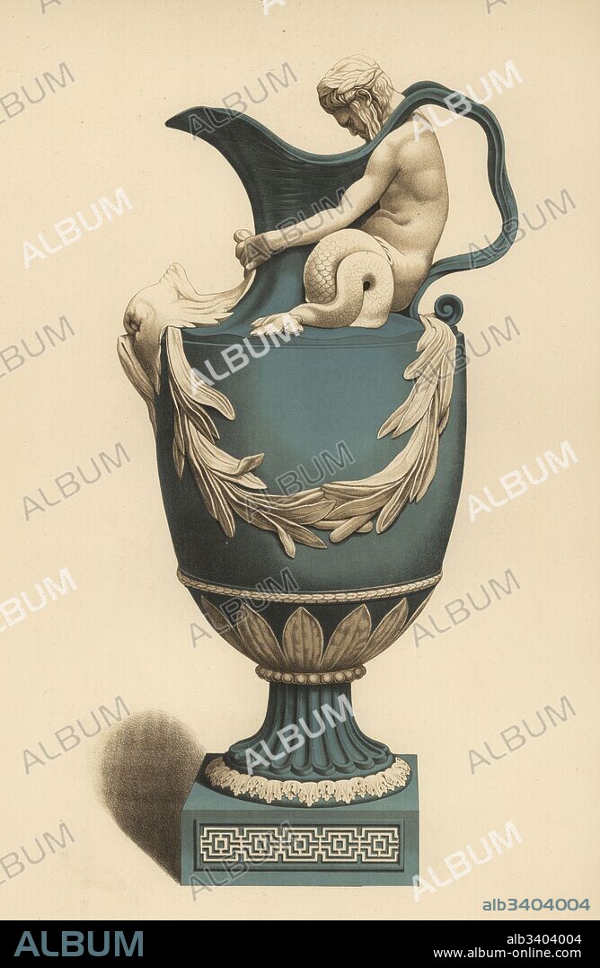 John Flaxman's water vase decorated with a Triton grasping a sea monster's head. Chromolithograph by W. Griggs from Frederick Rathbone's Old Wedgwood, the Decorative or Artistic Ceramic Work Produced by Josiah Wedgwood, Quaritch, London, 1898.