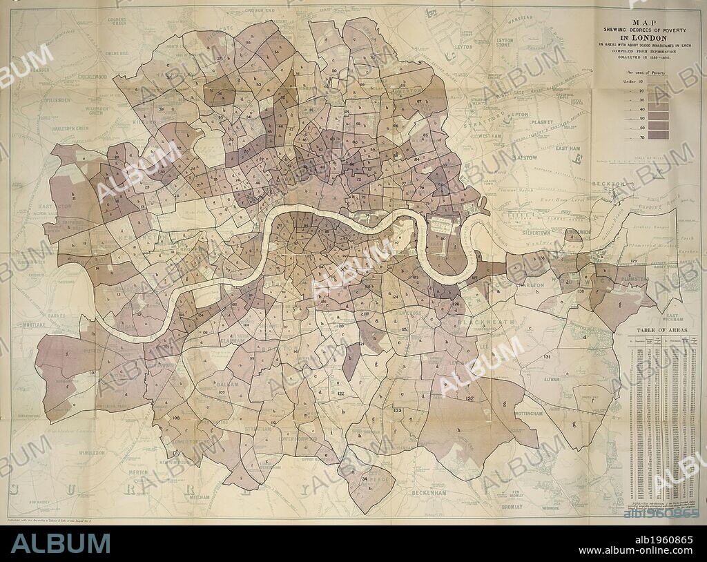 Booth's map of poverty levels in London, 1891. Descriptive map of London poverty 1889. London, England. Charles Booth, a shipowner, sought to refute socialist allegations that a quarter of Londonâ€™s population lived in poverty. He thought this exaggerated, but his researches, published in 17 volumes, revealed that the true figure was even higher at one third. Here his extensive survey is presented in cartographical form with the levels of poverty colour coded. This sometimes conceals as much as it reveals. The purple of the mixed areas obscured much poverty while domestic servants in the yellow areas would hardly have been wealthy. Although he has no qualms about labelling the very poorest areas â€™vicious semi-criminalâ€™ no comments are made about the ethics of the rich." Scale 1:10 560. 1 map on 4 sheets ; sheets 46 x 59cm. Source: Maps.C.21.a.18 map1. Language: English.