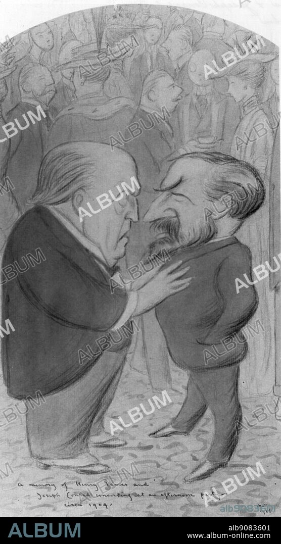 Henry James and Joseph Conrad conversing at an afternoon party. by Max Beerbohm. 1904.