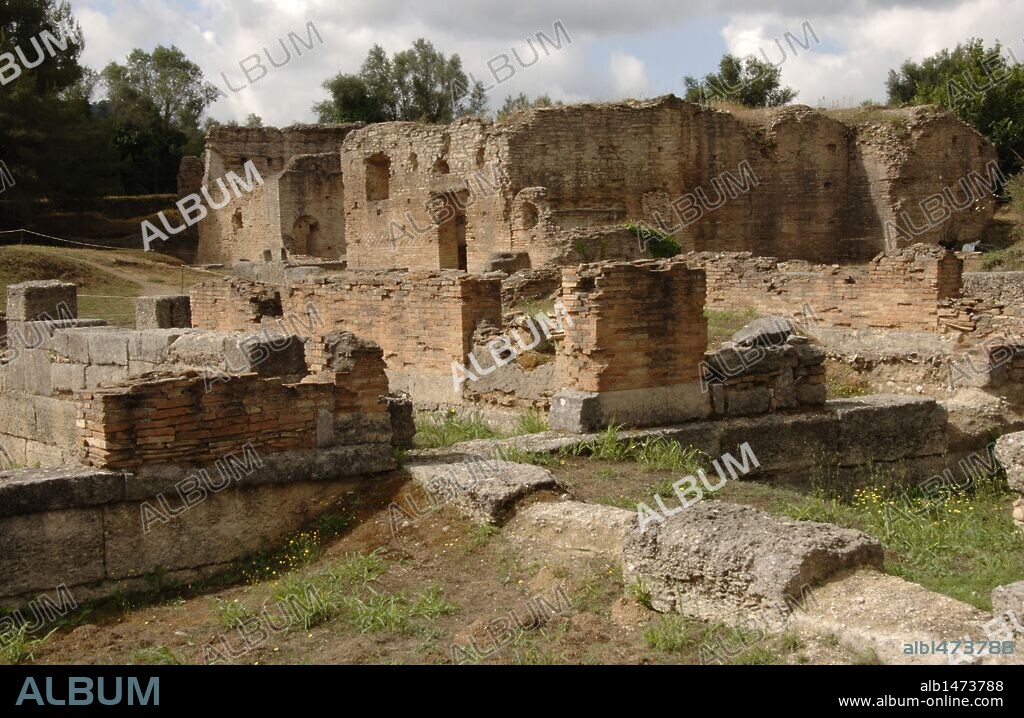 ARTE ROMANO. GRECIA. TERMAS DEL LEONIDAION (S. III-VI d. C.). Vista de las ruinas. SANTUARIO DE OLIMPIA. Provincia de Ilía. Región del Peloponeso.