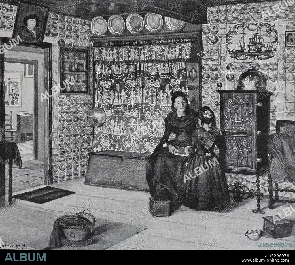 Königspesel, king pesel, a frisian room from the 18th century, at the Hallig Hooge, Nordfriesland, Schleswig-Holstein, Germany. , original print from the year 1899, König pesel, ein friesisches Zimmer aus dem 18. Jahrhundert, am Hallig Hooge, Deutschland, Reproduktion einer Originalvorlage aus dem 19. Jahrhundert, digital verbessert.
