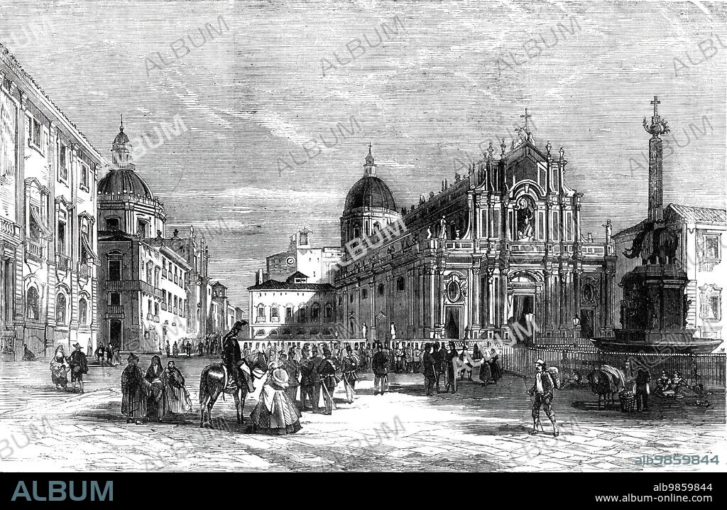 The Revolution in Sicily - the Cathedral and Square of the Elephant, Catania, 1860. 'Catania, with its straight streets and white houses, has the appearance of a handsome modern town, notwithstanding its twenty-five centuries of existence. Among the most noteworthy of its buildings is the cathedral, a vast building, dedicated to Santa Agata. The front is ornamented with fine granite columns, taken from the theatre of the ancient city, and the sacristy is covered with frescoes representing the ravages of the eruption in 1669. In the square before it is a fountain [designed by Giovanni Battista Vaccarini], with an elephant made of lava, bearing on its back a small granite obelisk, terminated by a cross. The elephant was the ancient symbol of the Catanians, a fact which may account for the great dimensions of the statue and the excellence of the workmanship; but the hieroglyphics which are carved on the pedestal are illegible, and the story of its origin is lost. This extraordinary, rather than beautiful, fountain adornment stands in the centre of the square of the Elephant, formed by the townhall, seminary, and cathedral - an area superior in grandeur and extent to every other in Catania'. From "Illustrated London News", 1860.