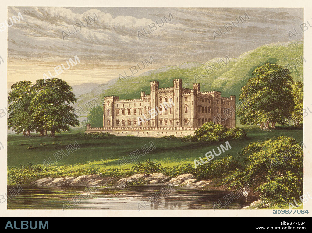 Scone Palace, Perthshire, Scotland. Gothic Revival style castle built in red sandstone by William Atkinson for David William Murray, 3rd Earl of Mansfield in 1807. Gardens by John Claudius Loudon. Colour woodblock by Benjamin Fawcett in the Baxter process of an illustration by Alexander Francis Lydon from Reverend Francis Orpen Morriss Picturesque Views of the Seats of Noblemen and Gentlemen of Great Britain and Ireland, William Mackenzie, London, 1880.