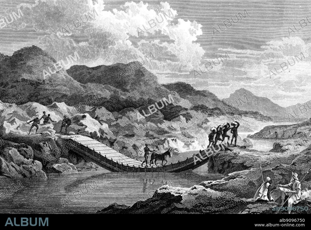 A view of the bridge over the Ba Fing or Black River. From Park's Travels - the figure in the bottom right-hand coner is supposed to be Mungo Park (1771-1806) himself, the Scottish African explorer and surgeon. The African Adventure - A History of Africa's Explorers by Timothy Severin page 91.