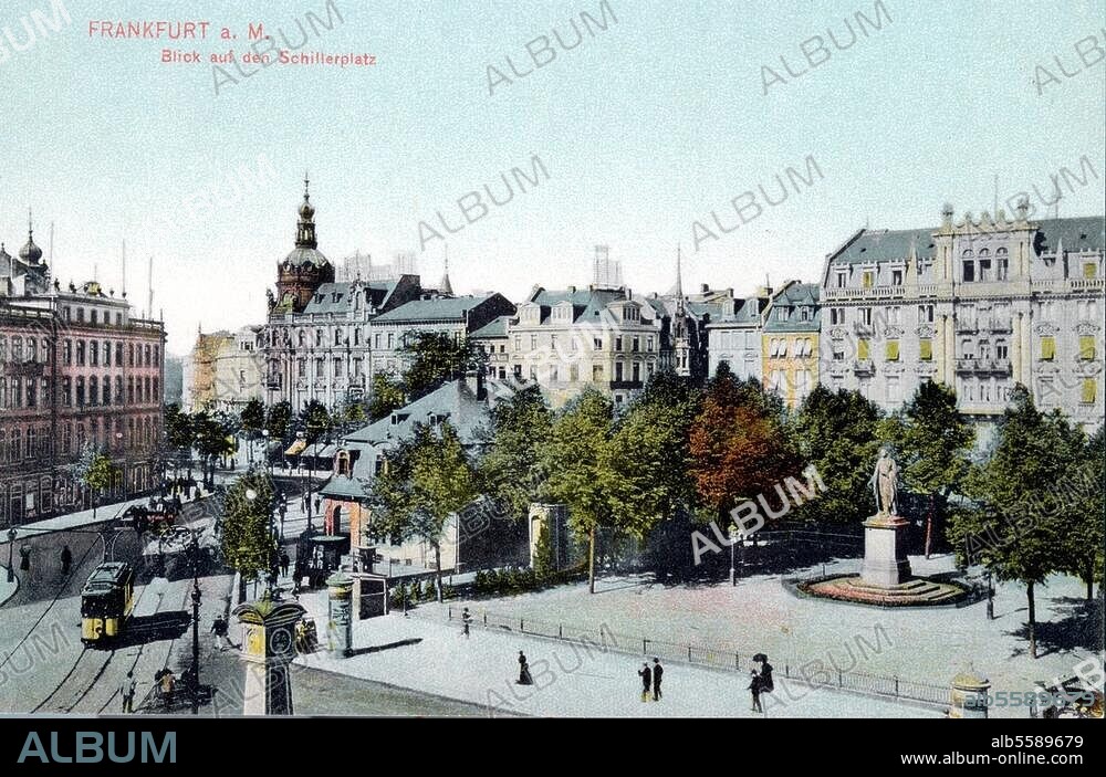 Frankfurt am Main (Hessen), Schillerplatz. "Frankfurt a. M. Blick auf den Schillerplatz". (Platzansicht mit Hauptwache und Schillerdenkmal). Bildpostkarte (Photographie, koloriert), Leipzig (Trenkler & Co.) 1907. Berlin, Sammlung Archiv für Kunst und Geschichte.