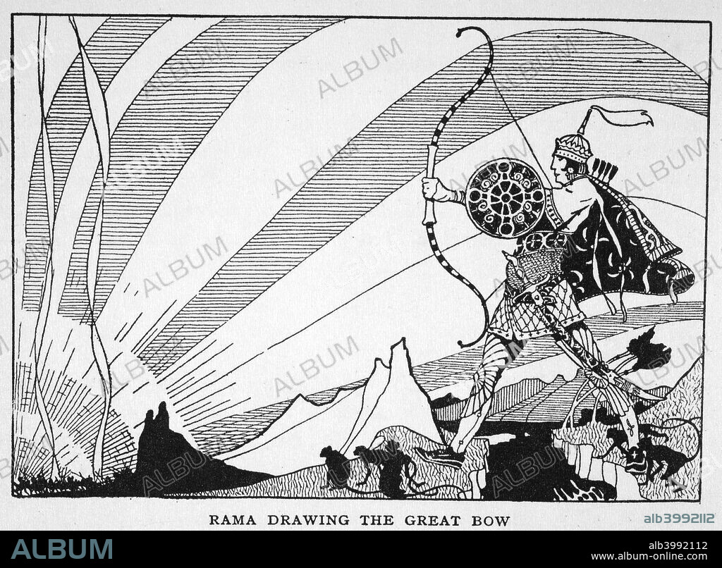 'Rama Drawing the Great Bow', 1925. A scene form the Hindu epic poem the Ramayana. Rama preparing to fire the Brahmastra in his final victorious battle with the demon-king Ravana. Illustration from The Book of Myths by Amy Cruse, 1925.