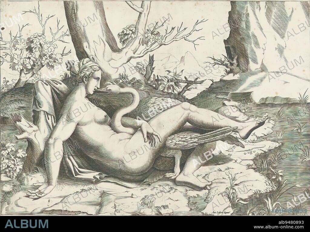Leda and the Swan, The naked Leda lies on a canvas on the floor. Between her legs Jupiter in the guise of a swan. To the right a river., print maker: Cornelis Bos, (possibly), after print by: Enea Vico, after painting by: Michelangelo, after print by: Italy, after painting by: Italy, publisher: Rome, in or after 1546, paper, engraving, height 254 mm × width 354 mm.