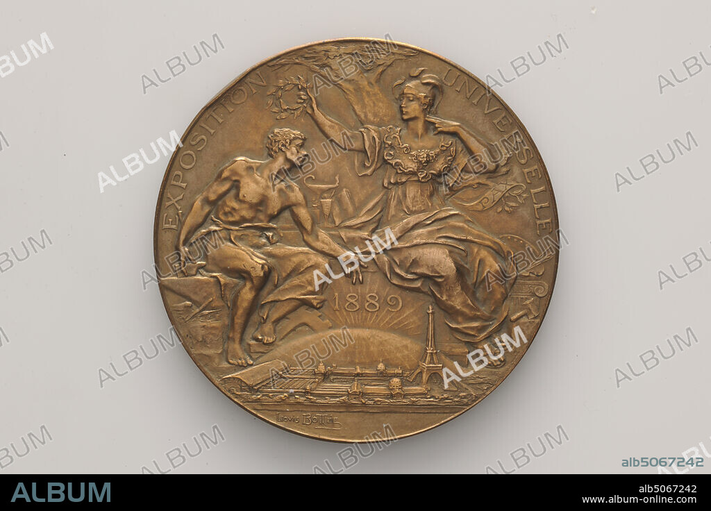 prize medal, Louis Alexandre Bottée, 1889, minted, General: 6.2 x 0.4cm (62 x 4mm), Weight: 107.2g, cartouche, personification, trumpet, star, allegory, tree, Bronze prize from the World Fair awarded to JJ in Paris in 1889 van de Sande Bakhuyzen. On the front, the exhibition area with the pavilions and the Eiffel Tower is depicted on the globe with a rising sun above an allegorical scene with Minerva and a craftsman with hammer sitting on an anvil surrounded by attributes of industry, arts and trade. At the top the inscription: EXPOSITION UNIVERSELLE, in the middle below the inscription: 1889. and on a banderole: PAX. Lowercase below the maker: LOVIS BOTÉ E. On the reverse an allegorical image of fame blowing under a shining star on a trumpet near an oak tree. To her right a bust of the virgin of the French Republic Marianne with a laurel wreath. On the left the inscription: REPUBLIQUE FRANÇAISE. At the bottom above a laurel branch a rectangular classical ornamented cartouche with the name J.J. BAKHUYSEN FROM THE SANDE. Lower right in lower case the name of the maker: LOVIS BOTÉ E, paris.