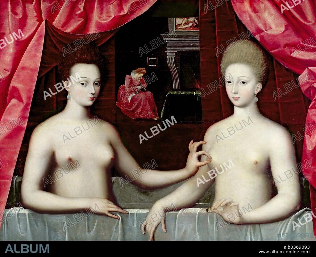 MASTER OF THE SCHOOL OF FONTAINEBLEAU. Gabrielle d'Estrées and one of her sisters, duchesse de Villars.