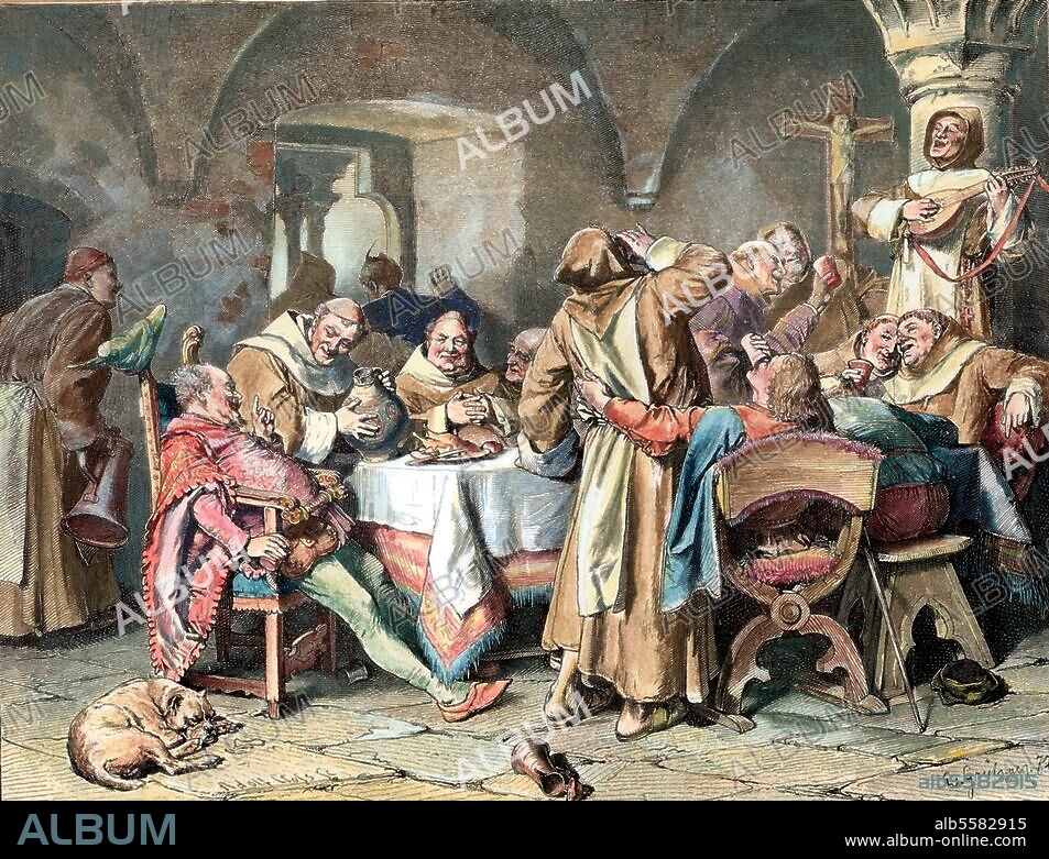 EDUARD GRÜTZNER. Religion / Klöster:. "Beim Klosterwein. (15. Jahrhundert) ". Holzstich nach Zeichnung, 1876, von Eduard Grützner (1846-1925). Aus: Johannes Scherr, Germania, Zwei Jahrtausende deutschen Lebens, Stuttgart (W.Spemann) 1876/78. Neukoloriert. Berlin, Sammlung Archiv für Kunst und Geschichte.