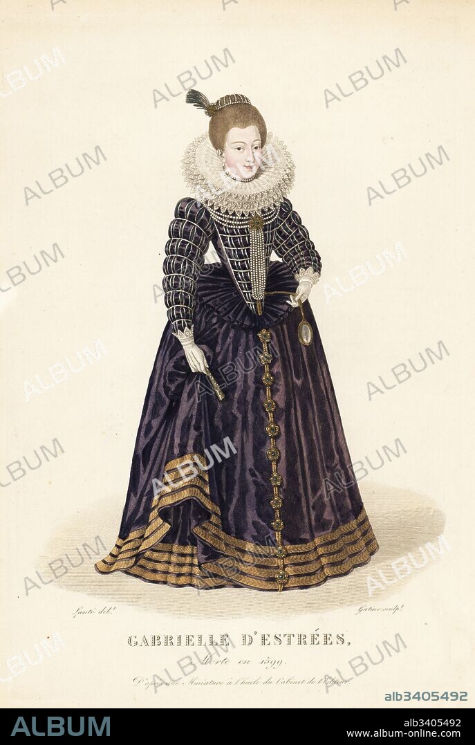 Gabrielle d'Estrees, Marchioness of Monceaux, mistress of King Henry IV of France, 1571-1599. She wears her blonde hair tied in a pearl lattice, three-tier lace ruff collar, dress with slashed sleeves and corset, French clamshell farthingale or vertugadin, decorated with three-string pearl necklace. She holds a fan and mirror. Handcoloured copperplate engraving by Georges Jacques Gatine after an illustration by Louis Marie Lante from Galerie Francaise de Femmes Celebres, Paris, 1827.