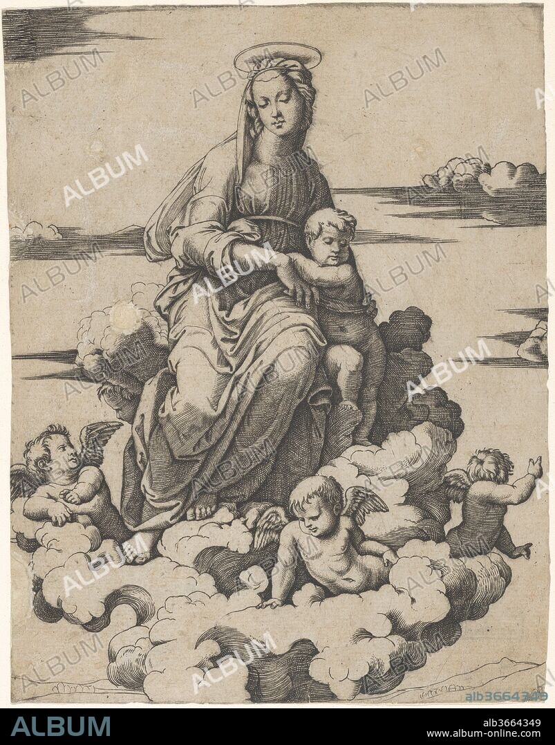 The Virgin and the Christ Child seated on clouds. Artist: Marcantonio Raimondi (Italian, Argini (?) ca. 1480-before 1534 Bologna (?)); After Raphael (Raffaello Sanzio or Santi) (Italian, Urbino 1483-1520 Rome). Dimensions: 6 15/16 x 5 1/4 in.  (17.6 x 13.4 cm). Date: ca. 1500-1534.
