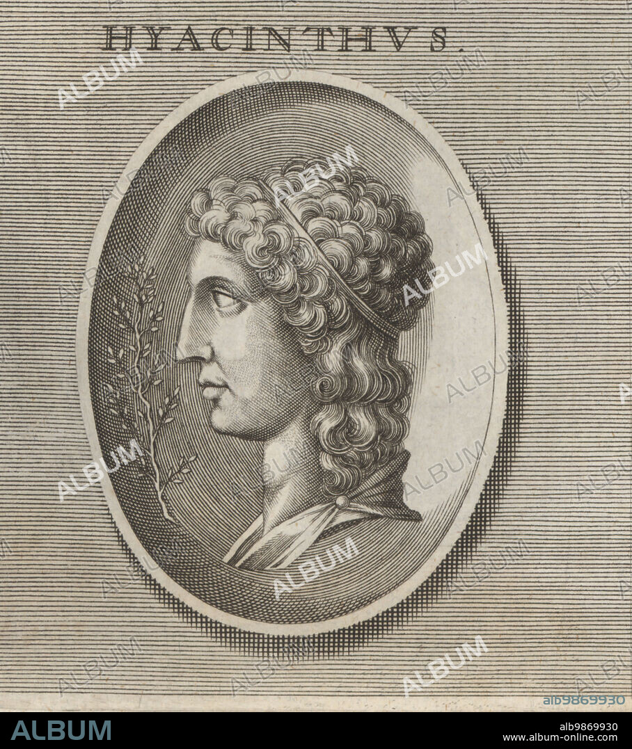 Hyacinth or Hyacinthus, gentle and clever divine hero and a lover of Apollo from Greek mythology. Copperplate engraving after an illustration by Joachim von Sandrart from his LAcademia Todesca, della Architectura, Scultura & Pittura, oder Teutsche Academie, der Edlen Bau- Bild- und Mahlerey-Kunste, German Academy of Architecture, Sculpture and Painting, Jacob von Sandrart, Nuremberg, 1675.