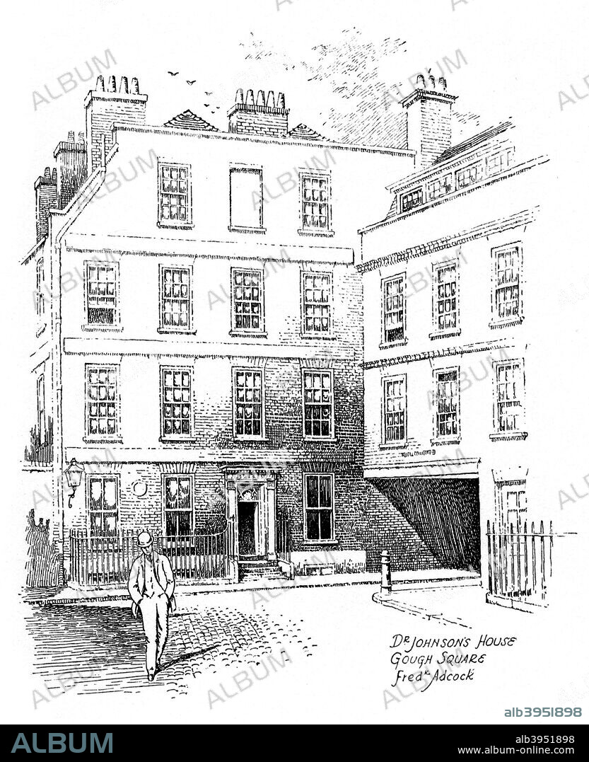 Dr Johnson's House, 17 Gough Square, London, 1912. The home of English lexicographer and man of letters Samuel Johnson (1709-1784), now a museum. Illustration from Famous Houses and Literary Shrines of London, by John Adcock, (J M Dent and Sons, London, New York, 1912).