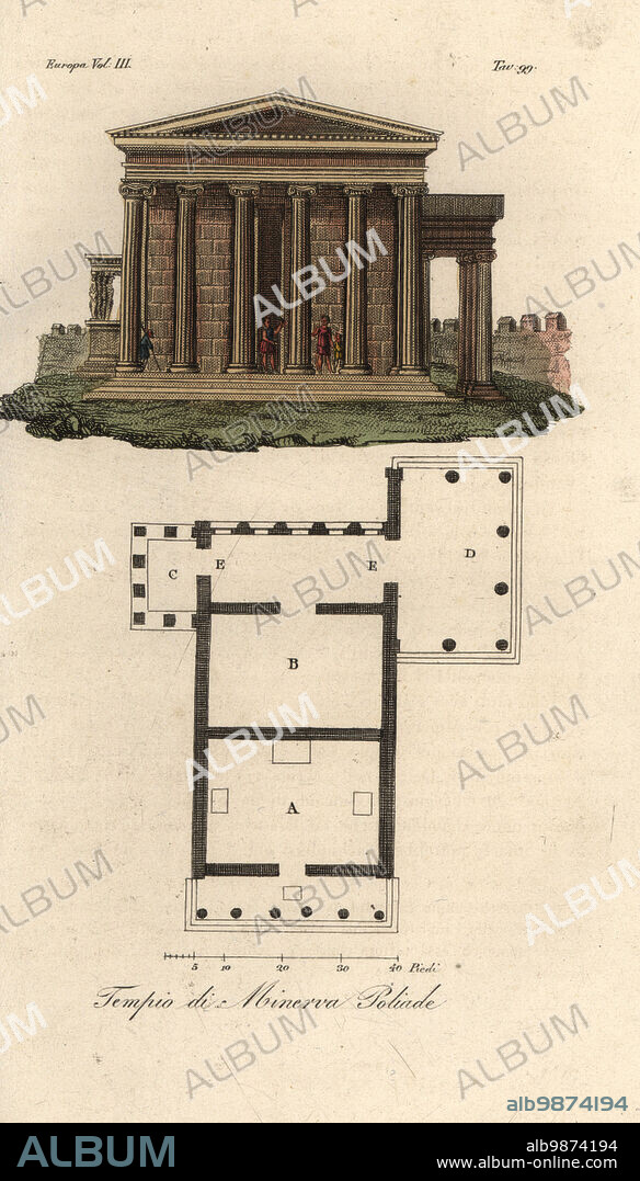 Plan and elevation of the Erechtheion or Erechtheum A, Temple of Neptune B, Temple of Minerva Polias with Porch of the Caryatids C, and Temple of Pandrosus or Pandrosion D. Athens, Greece. Tempio di Minerva Poliade. Handcoloured copperplate engraving from Giulio Ferrarios Costumes Ancient and Modern of the Peoples of the World, Il Costume Antico e Moderno, Florence, 1826.