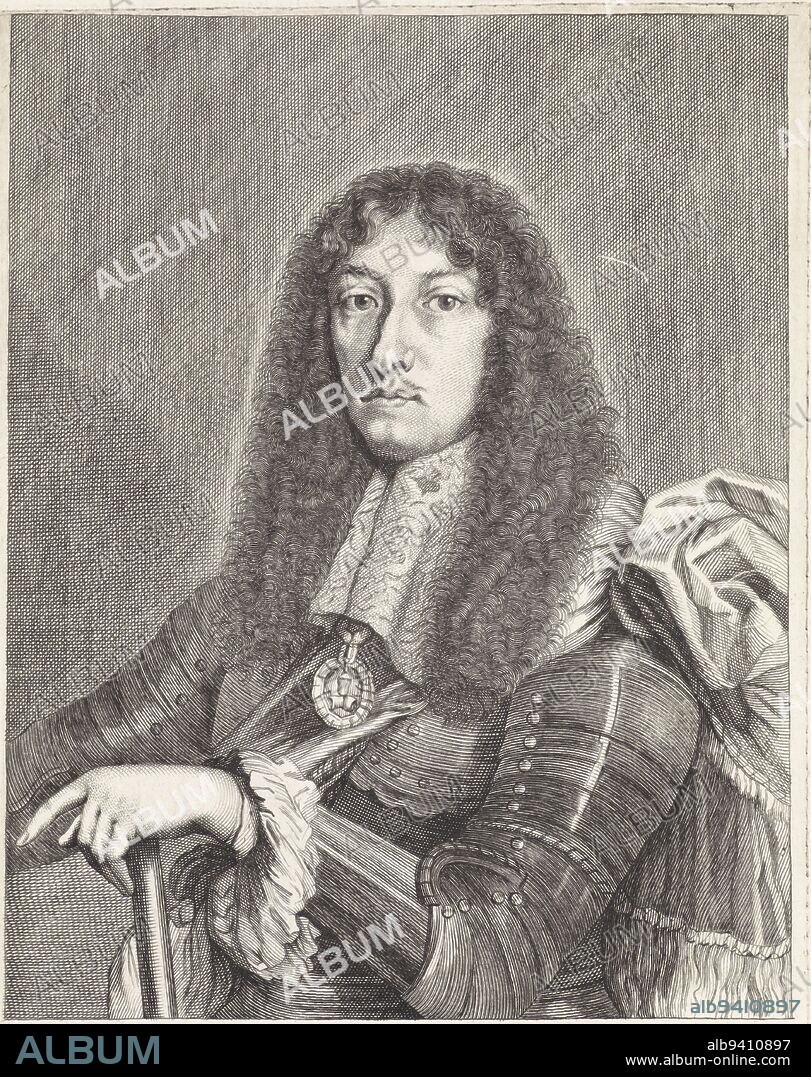 Portrait of Carlo II Gonzaga, Duke of Mantua and Montferrat, in armour and with his hand on a staff, Portrait of Carlo II Gonzaga, Duke of Mantua and Montferrat, print maker: Franciscus van der Steen, (mentioned on object), Vienna, 1657 - 1672, paper, engraving, etching, h 221 mm × w 152 mm.