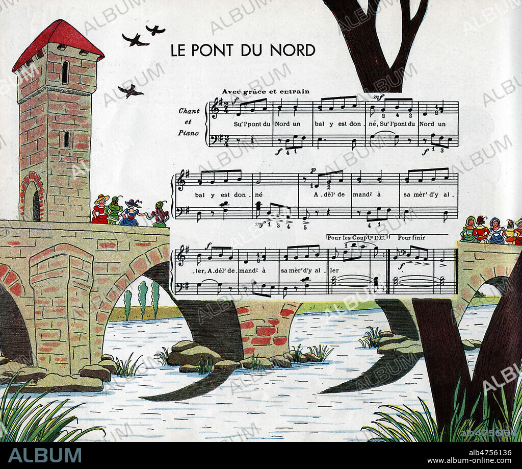 'Le pont du nord'. Chanson enfantine illustree par Marie-Madeleine FRANC-NOHAIN (1879-1942) pour l'ouvrage 'Rondes et chansons', publie en 1936. Credit : Collection IM/KHARBINE-TAPABOR.