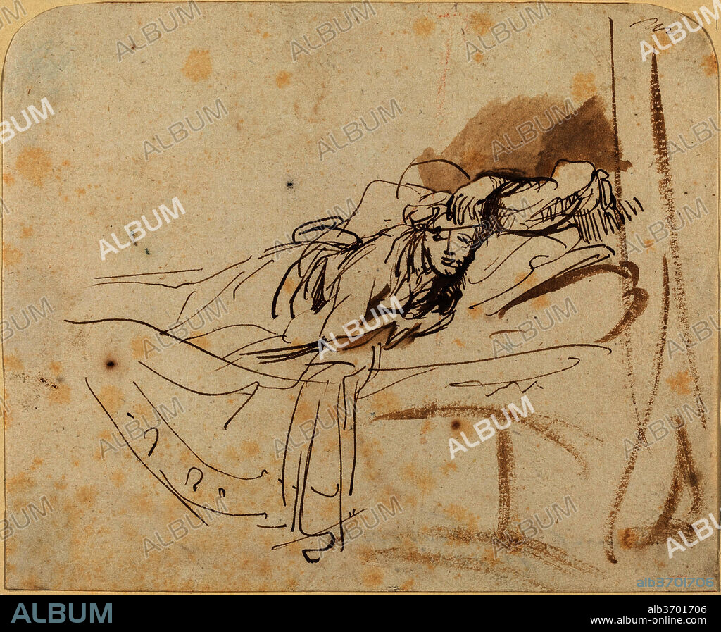 REMBRANDT. Saskia(?) Lying in Bed. Dated: c. 1638. Dimensions: sheet (upper corners rounded): 14.7 x 17.8 cm (5 13/16 x 7 in.). Medium: pen and ink, brush with brown wash on laid paper.