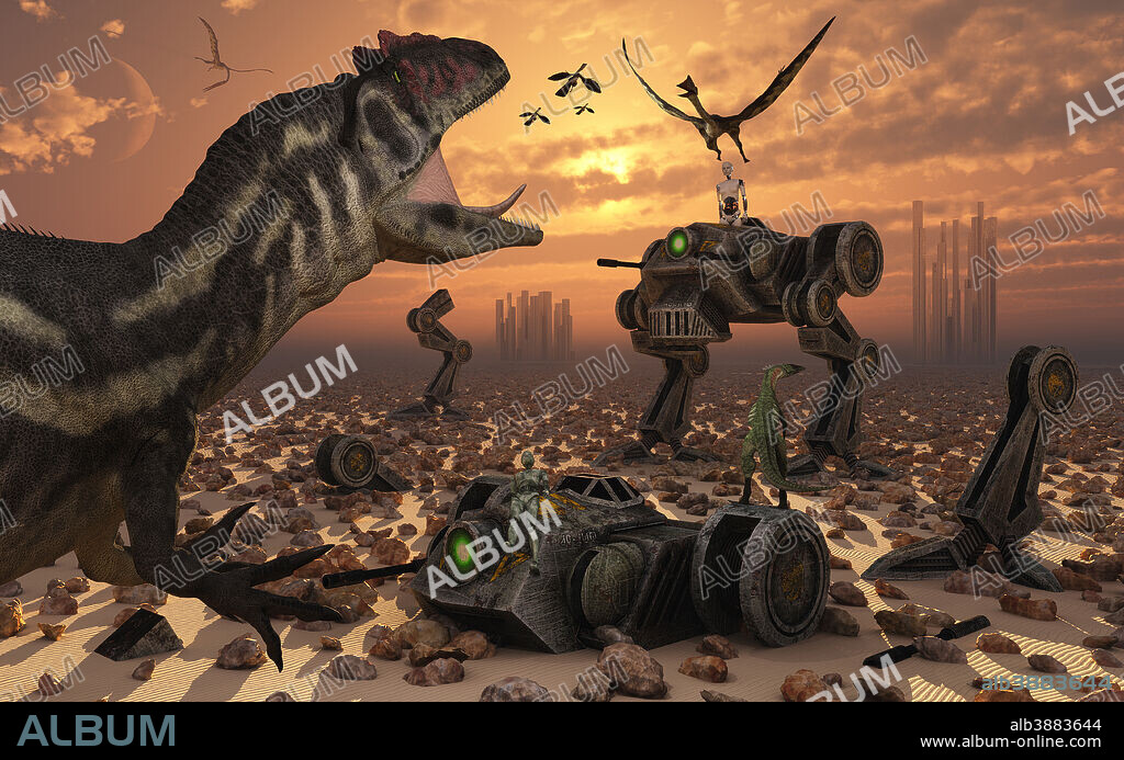 Artist's concept illustrating an alternate reality where dinosaurs and robots fight a war that will ultimately see the survival of the fittest.