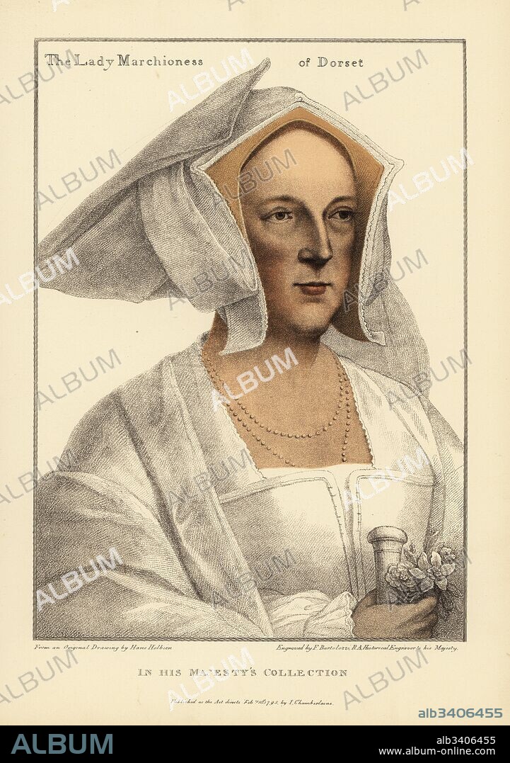 Margaret Wotton, Marchioness of Dorset, 1487-1541. Second wife to Thomas Grey, 2nd Marquess of Dorset. Mislabeled as Frances Wotton. Handcoloured copperplate engraving by Francis Bartolozzi after Hans Holbein from Facsimiles of Original Drawings by Hans Holbein, Hamilton, Adams, London, 1884.
