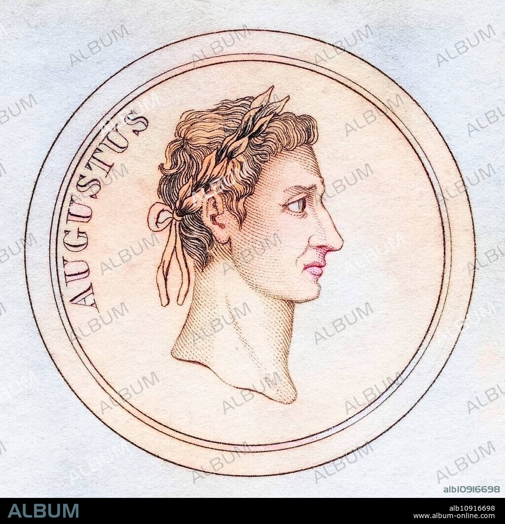 Augustus, born Gaius Octavius Thurinus, known as Gaius Julius Caesar Octavianus 63 BC, 14 AD First Emperor of the Roman Empire From the book Crabbs Historical Dictionary, published 1825, Historical, digitally restored reproduction from a 19th century original, Record date not stated.