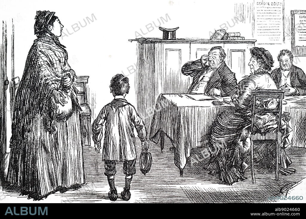 Cartoon depicting a mother's special pleading when called before the School Board to explain her child's absence from school.