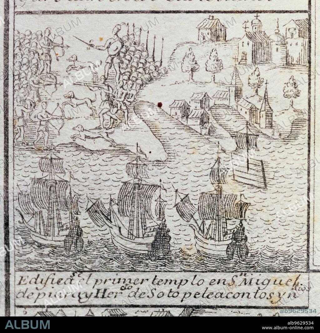 Construction of the first Christian church in San Miguel de Piura (Peru), city founded by Pizarro in 1532 and the battle that Hernando de Soto had with the Indians, engraving, 1726.