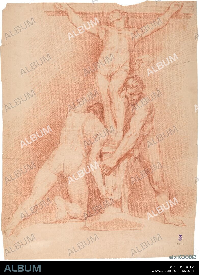 ANÓNIMO. Anónimo / 'Erección de la Cruz, por dos hombres desnudos'. Hacia 1770. Sanguina sobre papel verjurado, 530 x 390 mm.