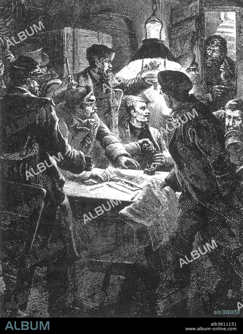 Entitled: "Conspiracy In Russia - A Nihilist Meeting Surprised." Depicting a secret meeting of the Nihilist movement being surprised by a visitor. The Nihilist believed the workers were becoming wage slaves to the wealthy in the beginning of the industrial revolution. The Nihilist movement was a Russian movement in the 1860s which rejected all authorities. After the assassination of Tsar Alexander II in 1881, the Nihilists were known throughout Europe as proponents of the use of violence in order to bring about political change. Wood engraving from Harper's Weekly newspaper, December 18, 1880.