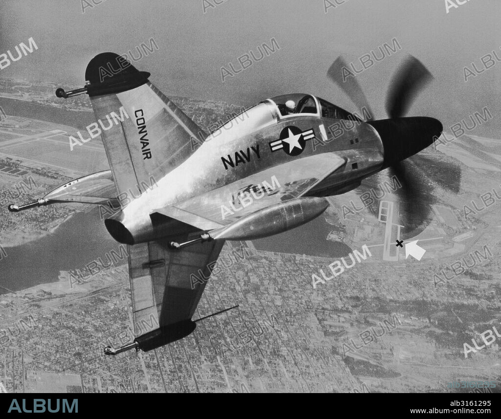 San Diego, California: 1954 Test pilot, 'Skeets' Coleman, flies Convair's XFY-1, 'POGO' over Linbergh Field in San Diego. The black 'X' show s the amount of runway needed for the VTVOL to takeoff and land.